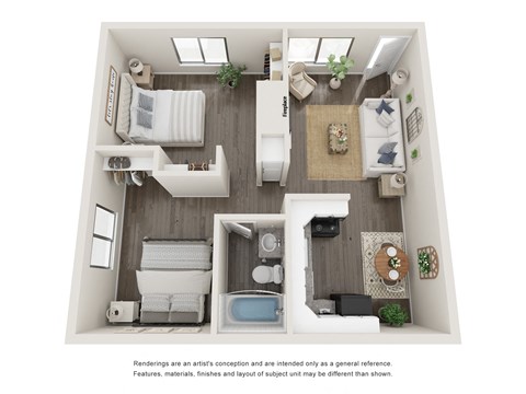 Floor plan for 2 beds, 1 bath, 754 sqft